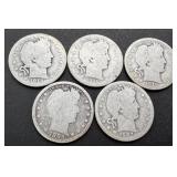 5pc Silver Barber Quarters