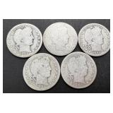 5pc Silver Barber Quarters