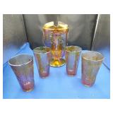 Indiana Marigold Carnival Glass Pitcher & Glasses
