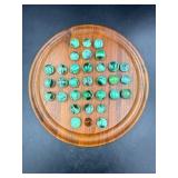 Wooden Solitare Board With Green Marbles
