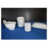 White Ceramic Gravy, Creamer, Butter, S&P