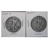 2pc 1928-S Walking Liberty Silver Half Dollars