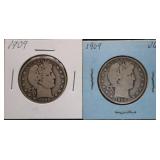 2pc 1909 Barber Silver Half Dollars