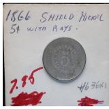 1866 Shield Nickel 5c with Rays
