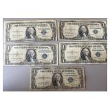 5pc US $1 Silver Certificates