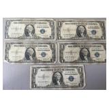 5pc US $1 Silver Certificates