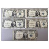 5pc $1 US Silver Certificates