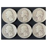 6 Vtg Washington Silver Quarters