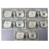 5pc US $1 Silver Certificates