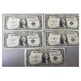 5pc US $1 Silver Certificates