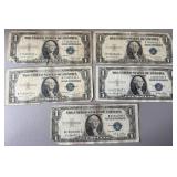 5pc US $1 Silver Certificates