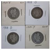 4pc 1908 O & D Barber Silver Half Dollars