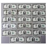 17 $2 US Green Seal Notes