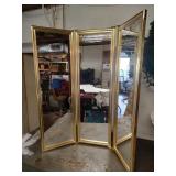 Trifold Brass Framed Mirror