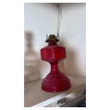 Red Glass Oil Lamp with Metal Burner
