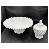 Milk Glass Cake Plate and Covered Dish