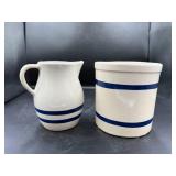 Stoneware Pitcher and Crock with Blue Stripes