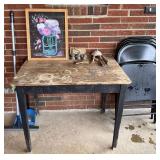 Wood Table and Assorted Items