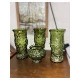 Four Green Textured Glass Vases
