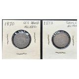 Two U.S. Shield Nickels 1870 and 1873