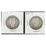 Two Barber Half Dollars: 1908-O and 1911-D