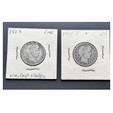 1903 and 1915-P Barber Half Dollar Coins in Holder