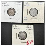 Three Canadian Silver 10-Cent Coins, 1917-1920