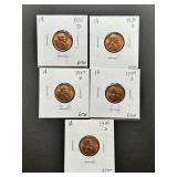 Five Lincoln Wheat Pennies (1935-1949)