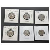 Six Buffalo Nickels, Assorted Dates 1914-1936