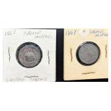 1867 Shield Nickels in Holders