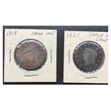 1818 and 1821 Large US Cents in Holders