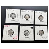 Six Silver Mercury Dimes from 1921 to 1939