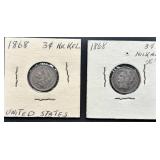 1868 U.S. 3-Cent Nickel Coins in Holders