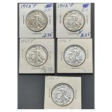 Five 1943 and 1946 Walking Liberty Half Dollars