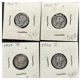 Vtg. Four 1920s Silver Mercury Dimes