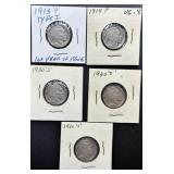Five Buffalo Nickels (1913-P, 1914-P, 1930-S)