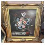 Floral Still Life Painting on Canvas in Gilt Frame