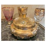 Decorative Glass Goblets and Lidded Bowl