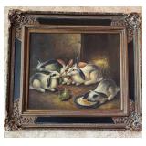 Framed Painting of Rabbits Feeding