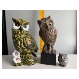 Three Owl Figurines in Mixed Materials