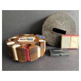 Vintage Wooden Poker Chip Caddy with Chips and Dom