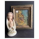 Religious Ceramic Statue and Framed Jesus Print
