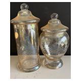Two Etched Glass Apothecary Jars