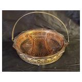 Divided Pink Depression Glass Basket with Handle
