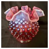 Fenton Style Cranberry Opalescent Hobnail Vase