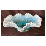 Fenton-Style Blue Opalescent Hobnail Ruffled Bowl