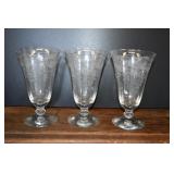 Set of 3 Etched Crystal Wine Glasses
