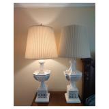 Matching Pair of White Ceramic Lattice Lamps