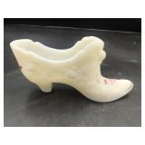 Fenton White Glass Shoe Painted by S. Schaumberger