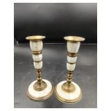 2 Brass Candlesticks with Mother of Pearl Inlay